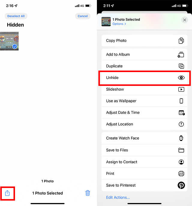 tap the unhide option to unhide photos on iPhone