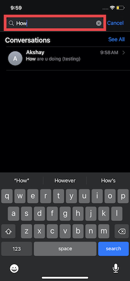 use search tool in Apple Messages app on iPhone and iPad