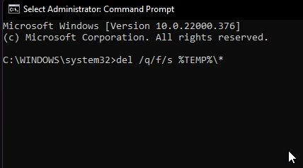 del /q/f/s %TEMP%\*
