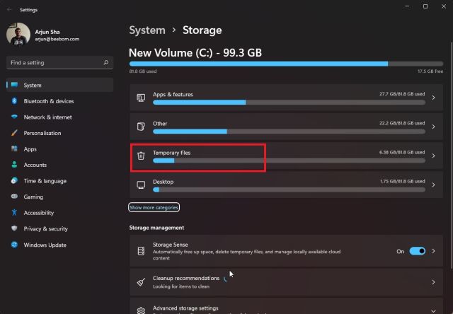 temporary files Windows 11 Settings Page