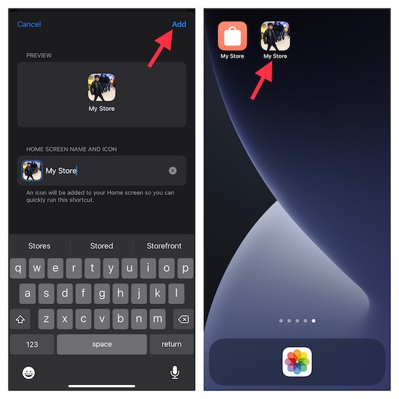 رمز التطبيق مع صورة مخصصة على الشاشة الرئيسية لجهاز iPhone