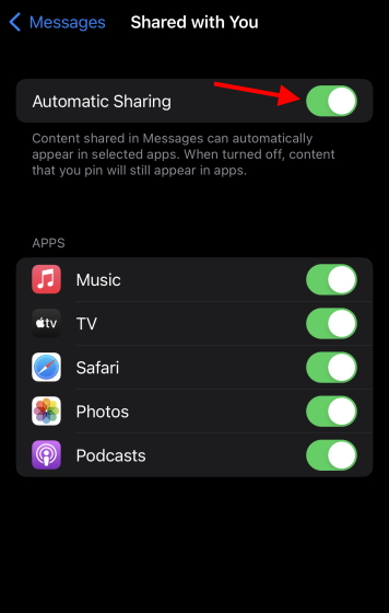 disable automatic sharing to turn off shared with you on iPhone