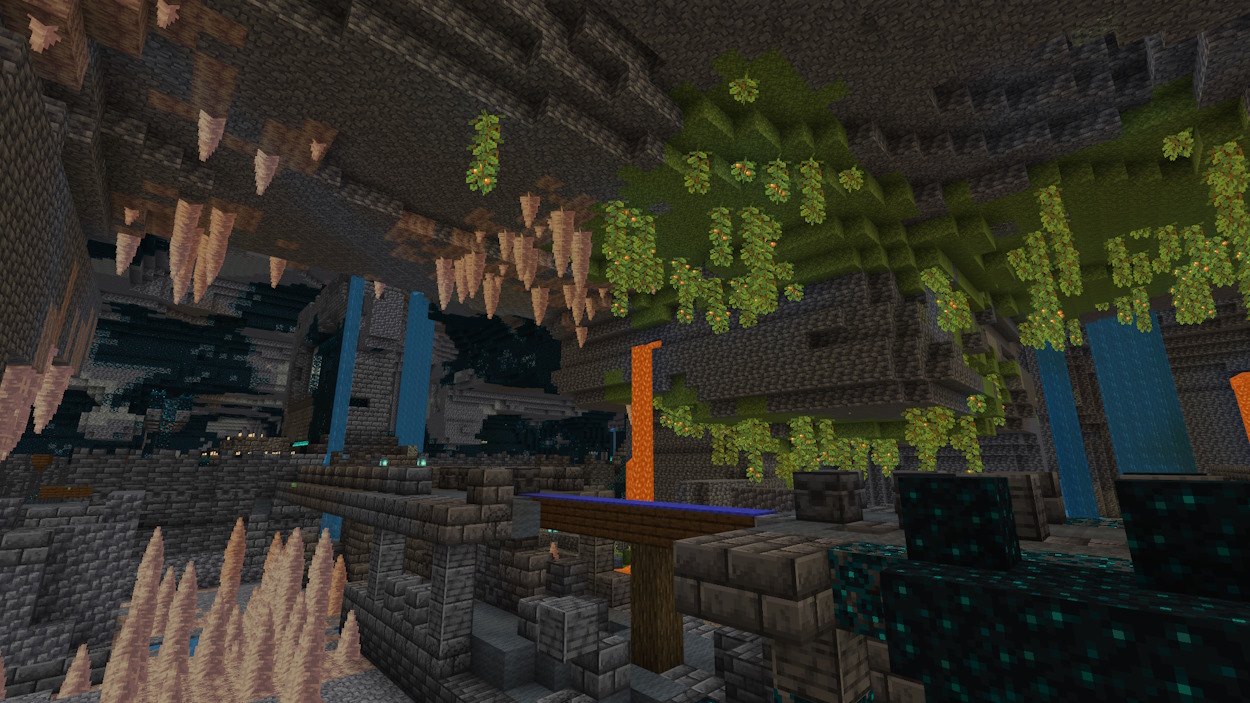 Minecraft seed with all three underground biomes that generated next to each other and there's an ancient city below