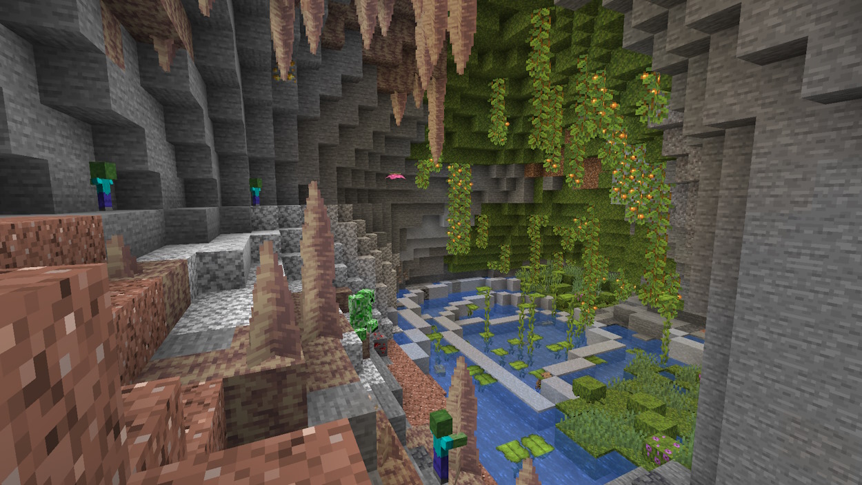Minecraft seed with a dripstone cave that generated next to a lush cave underground