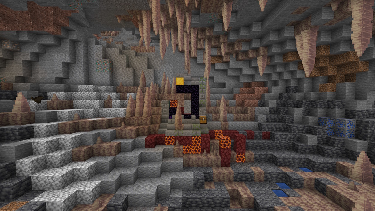 Minecraft seed with a ruined Nether portal that generated in a large dripstone cave system