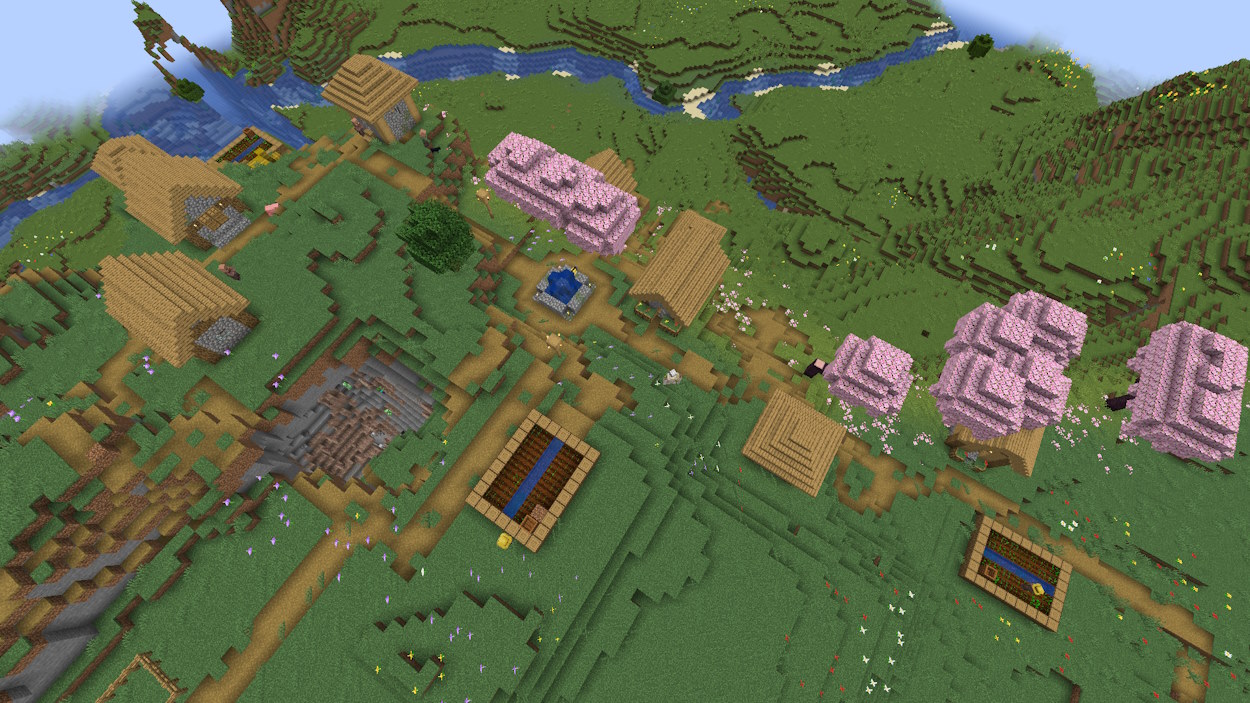 Plains village generated in a cherry grove biome and a dripstone cave is right below it