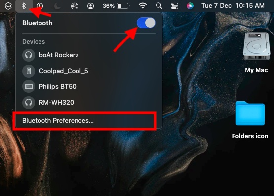 Thanh menu Bluetooth trên Mac 