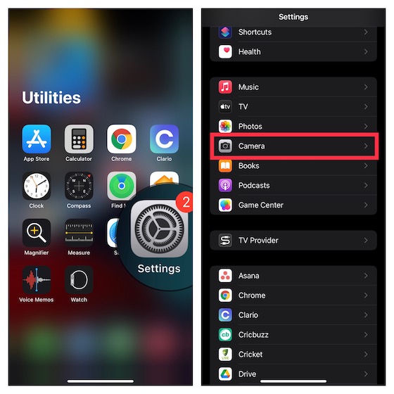 Select Camera in the iOS settings 