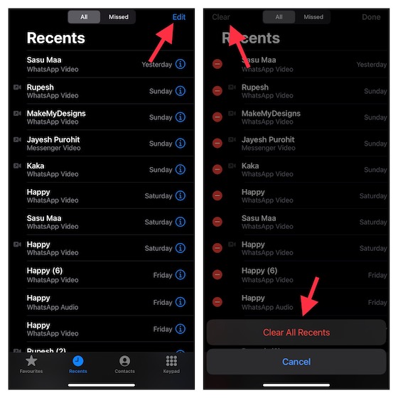 Clear recent call logs on iPhone 