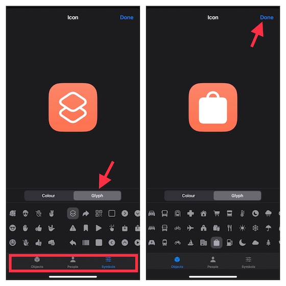 create a glyph and choose a color for the shortcut