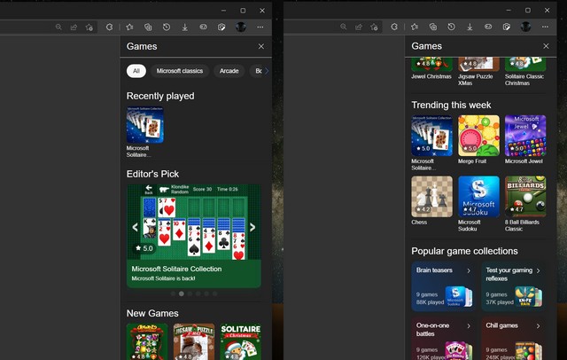 Microsoft Edge games panel on the right side