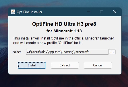 Installation Wizard of Optifine for Minecraft 1.18