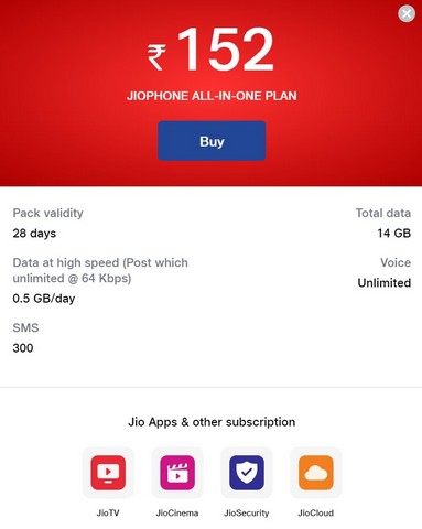 Jio Updates Jio Phone All-in-One Recharge Plans; Adds a New Rs 152 Plan