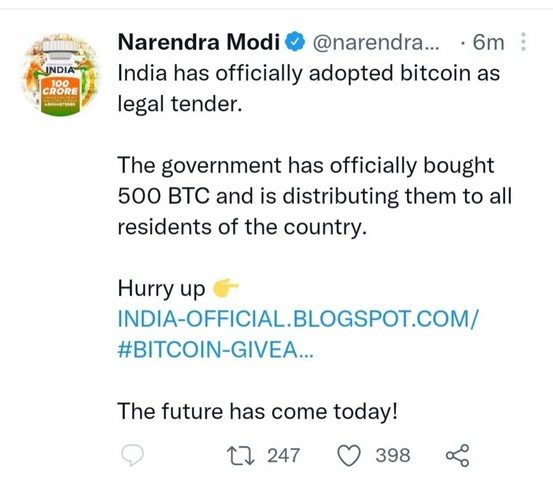 Someone Hacked Narendra Modi's Twitter Account; Said Bitcoin Is an Official Currency in India