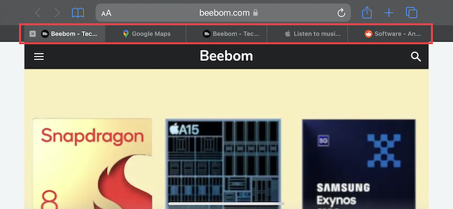 Панель вкладок Safari с альбомной ориентацией в iOS 15