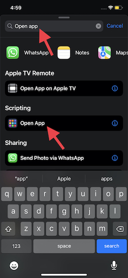 search for the open app action in shortcuts
