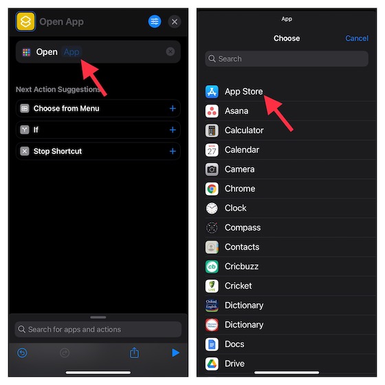 حدد التطبيق في تطبيق Shortcuts على iPhone 
