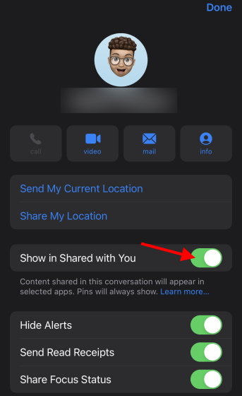 disable shared with you for individual contact in iPhone and iPad