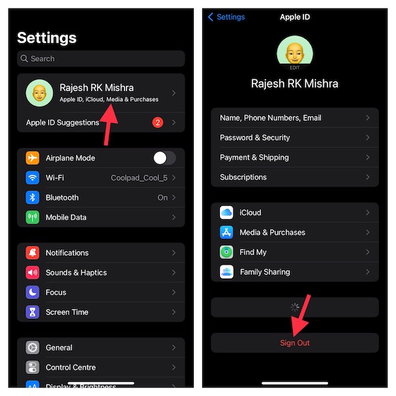 Sign out of Apple ID on iOS 
