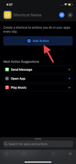 add a new action in the shortcut