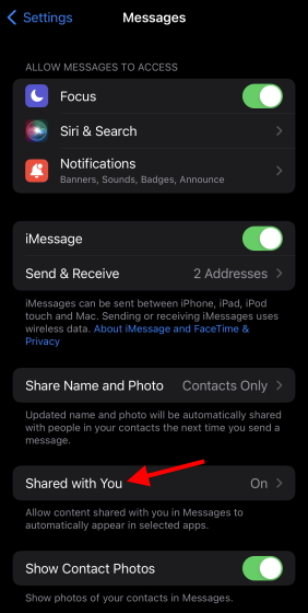 shared with you settings within iMessage settings iOS 15