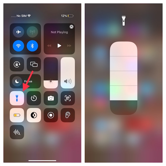 Test flashlight using control center on iPhone