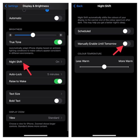 turn off night shift to fix auto-brightness not working issue on iPhone