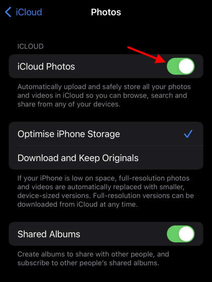 disable icloud photos toggle