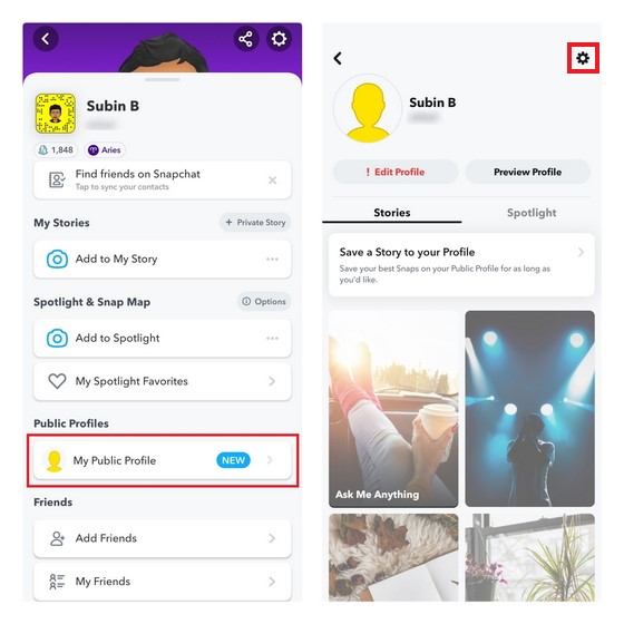 Pilihan Akses untuk memadam Profil Awam Snapchat