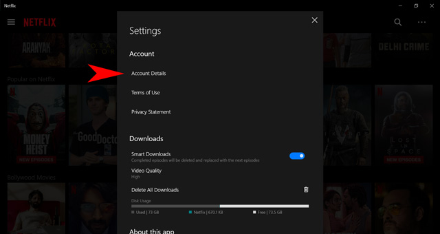 Détails Du Compte Sur L'Application Netflix Windows