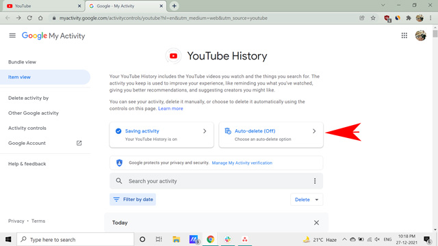 auto-delete option on YouTube