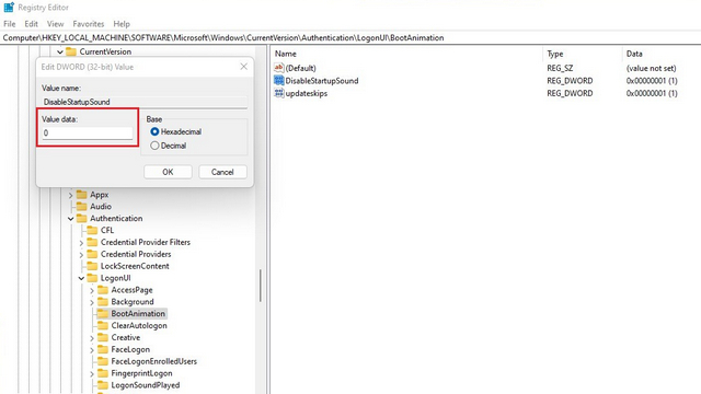 change value data to disable startup sound in Windows 11