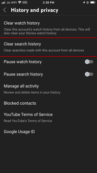 clear youtube search history on iphone