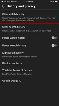 cleasr youtube watching history on android