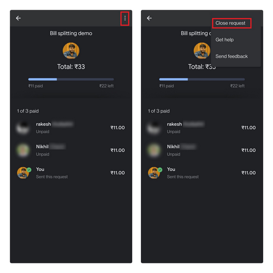 close request to split bills on Google Pay