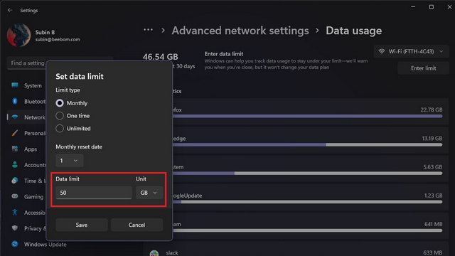 configure windows 11 data limit