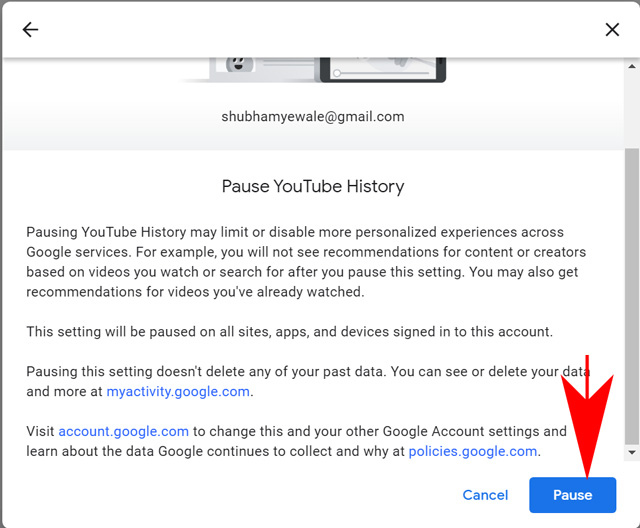 confirm pausing YouTube history