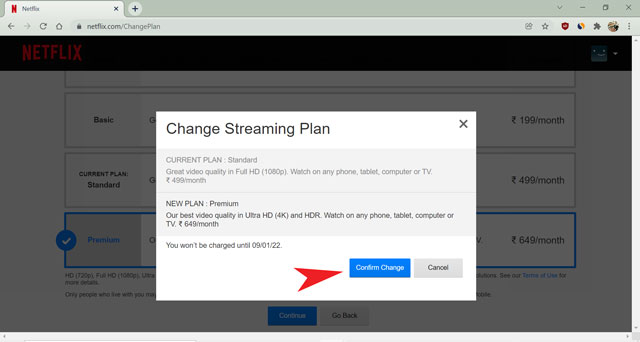 confirm change for netflix plan
