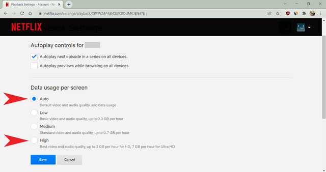 high or auto data usage in netflix profile