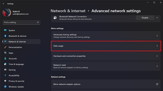 data usage section to track internet usage Windows 11