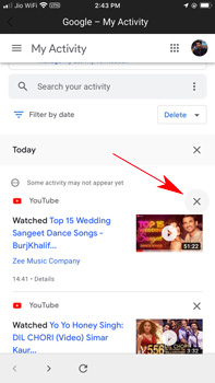 delete individual items from youtube activity on smartphone