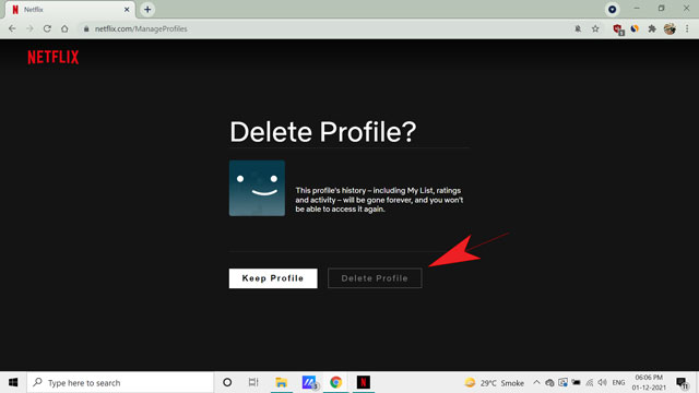 Delete profile confirmation on web browser
