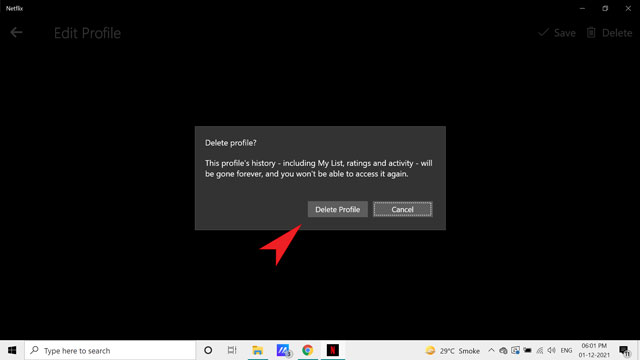 Delete profile confirmation on Netflix app