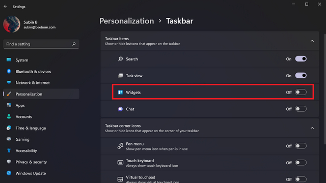 Toggle the widget system tray item to disable the weather widget on Windows 11 