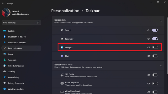 toggle widget taskbar item to disable Weather Widget on Windows 11