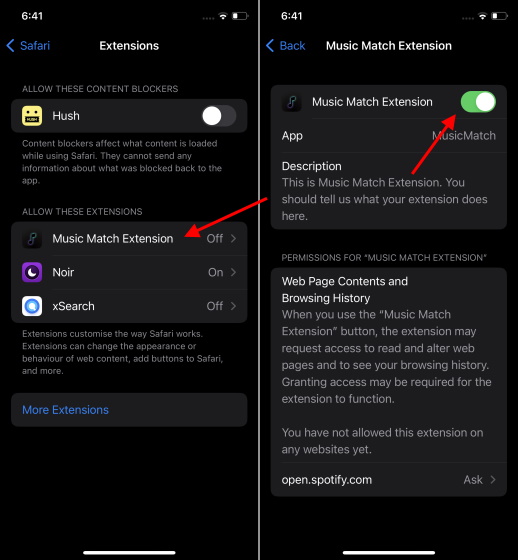 enable musicmatch safari extension