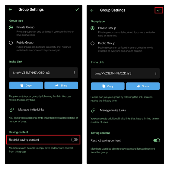 enable restrict saving content telegram group - disable Message Forwarding Telegram