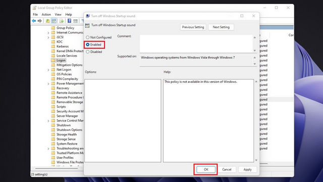 set turn off startup sound as enabled to disable startup sound in Windows 11