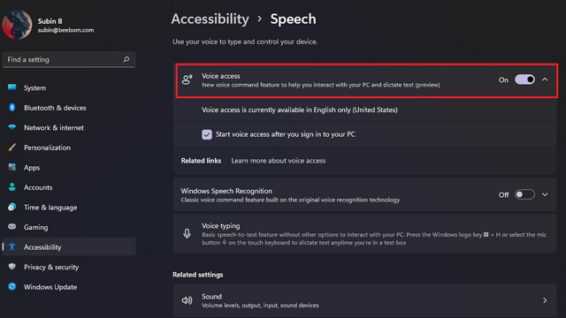 enable voice access toggle