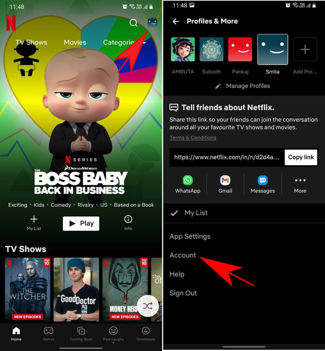 open account settings on netflix app